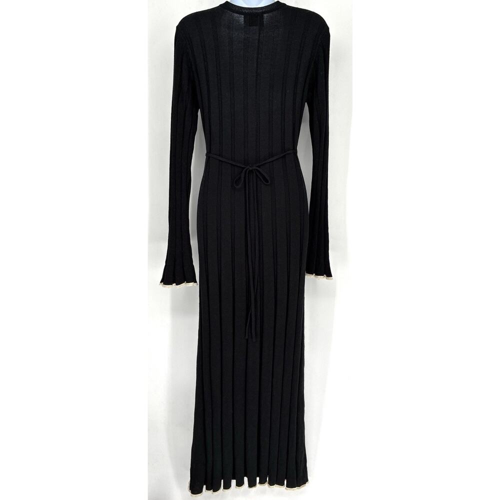 DISSH Black Ribbed Knit Maxi Dress M Tencel Linen V Neck Long Sleeve Ivory Trim - Picture 4 of 8